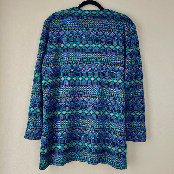 Vintage Lady Carol Knit Cardigan Sweater Geo Print Long Jewel Tones Gold Button - Picture 2 of 7